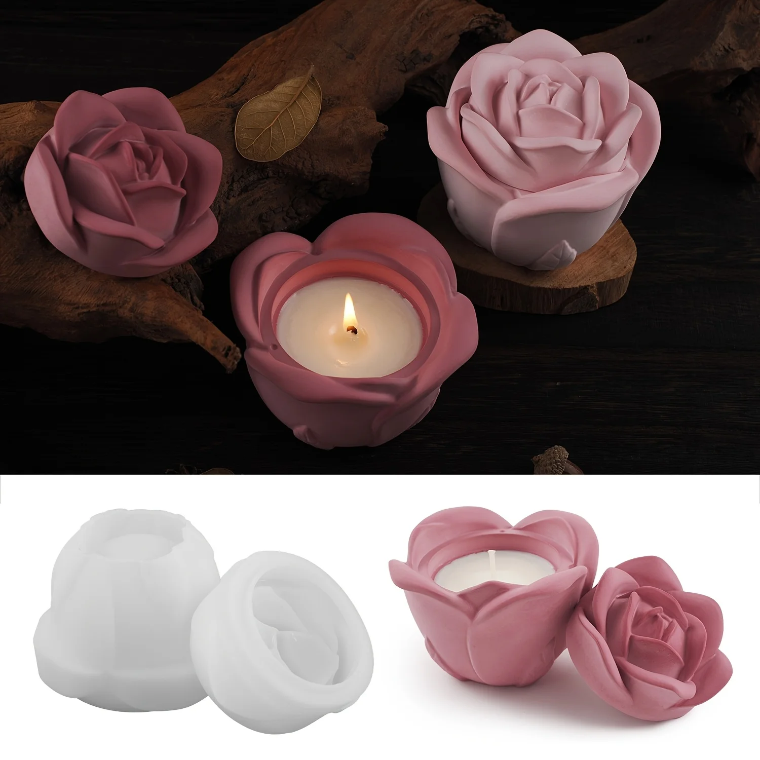 2피스 세트 장미 모양 실리콘 몰드 뚜껑 포함, 우아한 - Candle Making Moulds 리뷰 및 가격